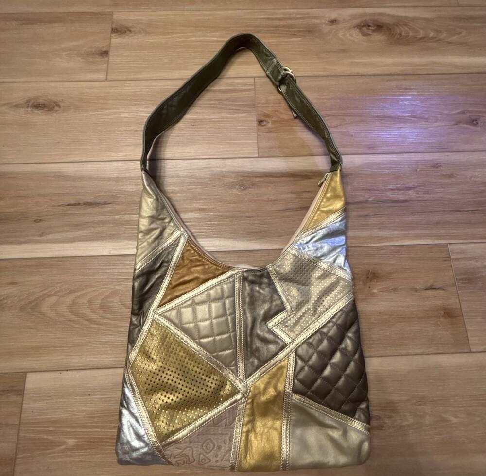 Bags by Pinky Metallic Leather Patchwork Hobo Shoulder Bag